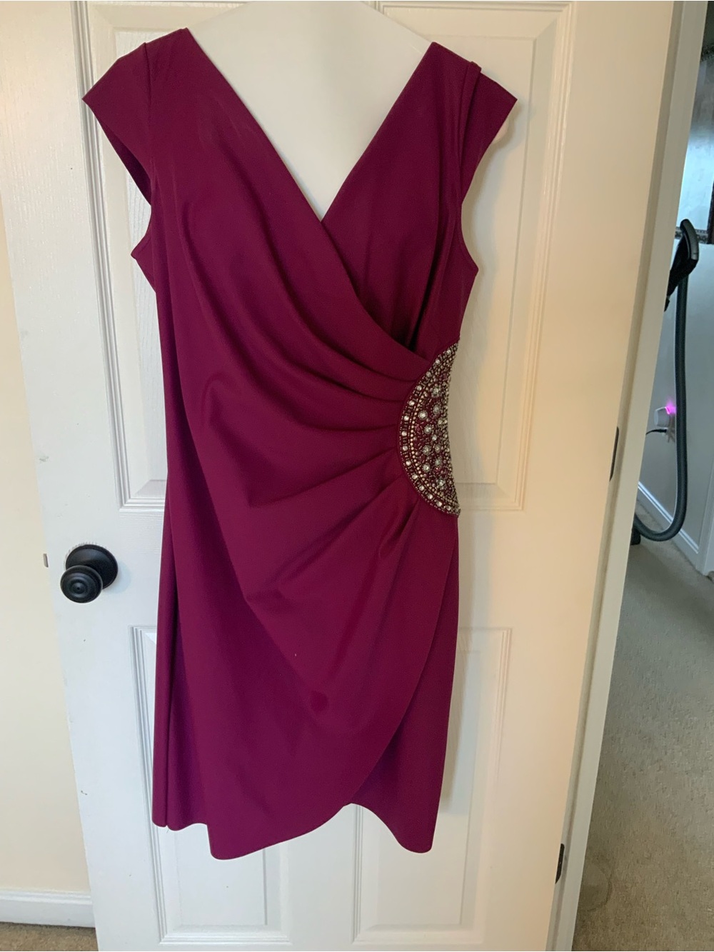 Alex Evenings Sleeveless Faux-Wrap Cocktail Dress in Raspberry